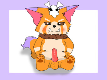 angry anthro belly bone brown_eyes erection fur genitals holding_belly knot knotted_penis male multicolored_body multicolored_fur orange_body orange_fur penis simple_background sitting skull solo sahmarina_db league_of_legends riot_games tencent gnar_(lol) mammal yordle 4:3 hi_res