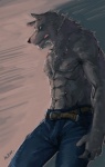 abs anthro athletic belt biceps biped black_nose blue_eyes bottomwear chest_tuft claws clothed clothing denim denim_bottomwear denim_clothing fur grey_body grey_fur jeans male muscular muscular_anthro nipples pants pecs pose solo standing tongue topless tuft nick300 canid canine canis mammal wolf 2008