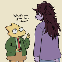 anthro bottomwear brown_hair buckteeth clothed clothing dialogue duo eyewear female front_view fully_clothed gesture glasses hair hand_gesture jacket messy_hair necktie pants pointing purple_body purple_scales rear_view scales shirt short_tail simple_background skirt standing tail tail_under_skirt teeth text thick_tail topwear yellow_body yellow_scales devinyx deltarune undertale_(series) alphys susie_(deltarune) lizard reptile scalie 1:1 english_text hi_res
