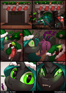 anthro anthrofied biped black_body blush butt christmas_clothing christmas_headwear clothed clothing detailed_background ellipsis eyelashes female green_clothing green_eyes grinch_smile hat headgear headwear holidays horn inside panties pupils purple_body santa_hat sharp_teeth sleeping smile sound_effects teeth text thick_thighs underwear vowelless vowelless_sound_effect zzz chrysalisdraws christmas friendship_is_magic hasbro my_little_pony mythology queen_chrysalis_(mlp) twilight_sparkle_(mlp) changeling_(mlp) equid equine mammal mythological_creature mythological_equine unicorn 2025 comic hi_res