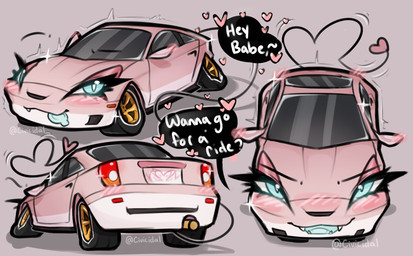 ass_up blue_eyes blue_tongue car countershading exhaust_pipe eyelashes fangs female heart_symbol long_tail looking_at_viewer machine monotone_background pink_body simple_background solo speech_bubble tail teeth tinted_windows tire tongue vehicle white_body white_countershading white_sclera civicidal toyota_celica unnamed_character animate_inanimate dire_car dire_machine dire_vehicle living_car living_machine living_vehicle hi_res