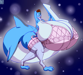 3_toes anthro big_breasts big_butt big_tail blue_arms blue_background blue_body blue_legs blue_skin blue_tail blue_toes bra breasts butt claws clothed clothed_anthro clothed_female clothing colored_nails feet female female_anthro fin fingernails grey_background grey_claws grey_ears hair hand_behind_head hand_behind_own_head hand_on_own_tail hand_on_tail huge_breasts huge_tail hyper hyper_breasts hyper_tail legwear lingerie looking_at_viewer nails non-mammal_breasts panties pink_bra pink_clothing pink_eyes pink_fingernails pink_legwear pink_lingerie pink_nails pink_panties pink_underwear red_hair simple_background solo standing tail toe_claws toes underwear walking white_body white_breasts white_skin white_tail shannon_shark_(artist) shannon_shark aquatic carpet_shark fish ginglymostomatid nurse_shark shark absurd_res hi_res