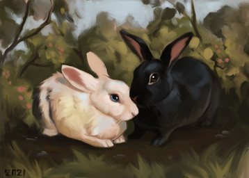 black_body black_fur black_markings blue_eyes brown_eyes dirt duo feral fur grass markings plant shrub sitting tree white_body white_fur alexpahomov lagomorph leporid mammal rabbit 2021 digital_media_(artwork) digital_painting_(artwork) hi_res painting_(artwork)