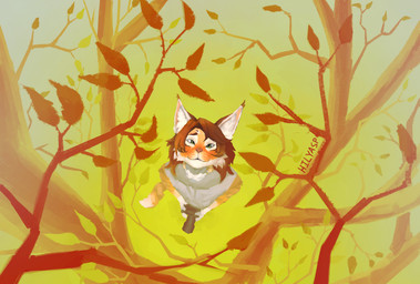anthro autumn brown_hair clothed clothing detailed_background forest fur green_eyes hair high-angle_view leaf looking_at_viewer male nature nature_background orange_body orange_fur outside plant smile solo standing tree white_body hilyasp domestic_cat felid feline felis mammal absurd_res detailed digital_media_(artwork) hi_res