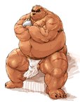 anthro asian_clothing ball_slip balls barely_visible_balls barely_visible_genitalia belly big_belly bottomwear brown_body brown_fur bulge clothing east_asian_clothing fundoshi fur genitals japanese_clothing kemono loincloth male overweight overweight_anthro overweight_male scar side_balls sitting solo underwear kotobuki bear mammal 2021