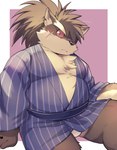 anthro asian_clothing belly brown_body brown_fur bulge clothing east_asian_clothing eyebrows fundoshi fur hair hair_over_eye japanese_clothing kimono male musclegut muscular one_eye_obstructed pecs ponytail red_eyes scar solo thick_eyebrows underwear kinoshita-jiroh lifewonders tokyo_afterschool_summoners shino_(tas) canid canine canis domestic_dog mammal absurd_res hi_res