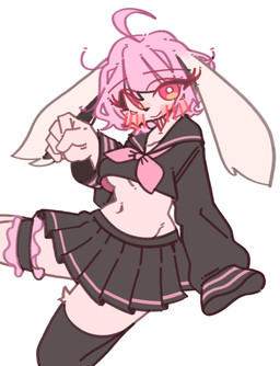 5_fingers ahoge anthro bangs black_bottomwear black_clothing black_legwear black_nose black_skirt black_stockings black_topwear blush bottomwear breasts cheek_tuft clothing eyelashes facial_tuft female fingers fur hair legwear long_ears looking_at_viewer navel pink_eyes pink_hair pupils short_hair simple_background skirt smile solo stockings tan_body tan_fur topwear tuft under_boob white_background white_pupils kgs701 lagomorph leporid mammal rabbit colored digital_drawing_(artwork) digital_media_(artwork) flat_colors hi_res
