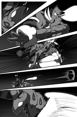 angry anthro biped black_sclera blood bodily_fluids bunny_costume clothing costume cross-popping_vein duo_focus exclamation_point eye_contact female female_anthro feral fight group kick looking_at_another neck_grab pain quadruped running serious throwing_another trio unconscious vein wounded cuchuflin nintendo pokemon generation_4_pokemon generation_5_pokemon lagomorph leporid lopunny mammal pokemon_(species) rabbit scolipede 2026 absurd_res comic digital_drawing_(artwork) digital_media_(artwork) greyscale hi_res monochrome