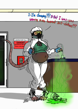 accident accidental_transformation anthro big_breasts bodily_fluids breast_growth breasts broken_glass brown_body brown_fur claws clothing crossed_legs dialogue expansion eye_changing female fetal_movement fur gas_mask gender_transformation glass gloves green_glow green_goo growth handwear hazmat_suit hip_expansion lab_accident lactating mask mtf_transformation pregnant pregnant_anthro pregnant_female rapid_pregnancy red_eyes shaking solo sound_effects surprised tail tail_growth torn_clothing torn_gloves torn_handwear torn_suit transformation transformation_by_substance verbal_reaction_to_tf goldengryphon warhammer_(franchise) mammal murid murine rat rodent skaven hi_res story_at_source