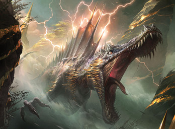ambiguous_gender bodily_fluids claws cloud electricity feral finger_claws frill_(anatomy) grey_body grey_scales lightning membrane_(anatomy) membranous_frill mountain open_mouth plant saliva scales sharp_teeth snout solo tail teeth tongue tongue_out tree raymond_swanland hasbro magic:_the_gathering wizards_of_the_coast etali_(magic:_the_gathering) dinosaur prehistoric_species reptile saurischian scalie spinosaurid theropod 2018 digital_media_(artwork) official_art