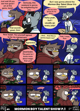 annoyed anthro bodily_fluids bothered brown_body brown_fur clothed clothed_anthro clothed_male clothing color_coded color_coded_speech_bubble controller dialogue duo electronics fully_clothed fully_clothed_anthro fully_clothed_male fur game_controller gaming_chair grey_body grey_fur hoodie jacket khakis male mormon profanity red_clothing red_hoodie red_jacket red_topwear sad shirt smile smirk smug speech_bubble sweat sweatdrop television text topwear white_clothing white_shirt white_topwear yelling happyroadkill isaiah_the_mormon_mouse orin_owl avian bird mammal mouse murid murine owl rodent 2026 absurd_res comic english_text hi_res multiple_scenes