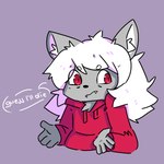 clothing female fur grey_body grey_fur hair hoodie red_eyes simple_background solo topwear white_hair moordred guess_i'll_die domestic_cat felid feline felis mammal 1:1 absurd_res hi_res meme reaction_image