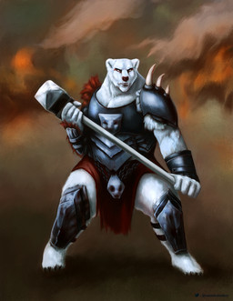 anthro armor clothed clothing front_view fur hammer holding_hammer holding_object holding_tool looking_at_viewer male male_anthro maul mouth_closed narrowed_eyes solo standing text tools white_body white_fur satanic_monkey bear mammal polar_bear ursine artist_name hi_res