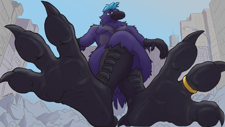 anthro city destruction digit_ring feet foot_focus jewelry looking_at_viewer macro male ring smile smiling_at_viewer smirk smirking_at_viewer soles solo talons toe_ring toes howellthabear avian bird corvid corvus_(genus) crow oscine passerine absurd_res hi_res