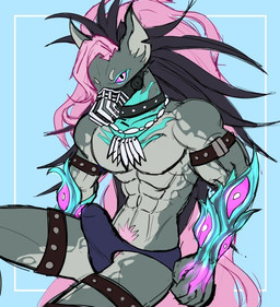 anthro black_hair clothing collar erection erection_under_clothing grey_body hair hairless looking_at_viewer male muscular muscular_anthro muscular_male muzzle_(object) pink_hair pink_pubes pubes sitting solo straps straps_only underwear wire_basket_muzzle some_shiba dislyte lilith_games liam_(dislyte) canid canine canis domestic_dog hairless_dog mammal primitive_dog xoloitzcuintli