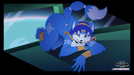 5_fingers anthro ass_up barely_visible_breasts big_butt black_lips black_nose blue_body blue_fur blue_hair blue_nails breasts butt colored_nails cuff_links cuffed_ankles female fingers fur green_eyes hair lips looking_at_viewer lying nails nude one_eye_closed solo space spacecraft vehicle white_body white_fur window wink winking_at_viewer thewilldpink nintendo star_fox krystal_(star_fox) canid canine fox mammal
