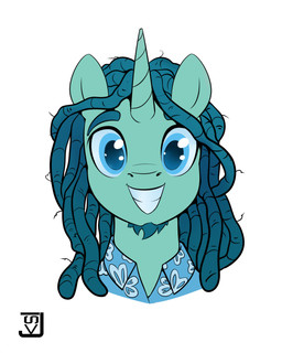 ambiguous_form beard blue_eyes blue_hair clothing dreadlocks facial_hair fur green_body green_fur grin hair horn male shirt simple_background smile solo topwear white_background jedayskayvoker hasbro my_little_pony mythology fan_character jeday_(character) equid equine mammal mythological_creature mythological_equine unicorn 2019 bust_portrait hi_res portrait signature