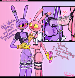 accessory anthro balls bite biting_lip biting_own_lip blush blush_lines chastity_cage chastity_device chastity_strap clothed clothing crossdressing dialogue dildo duo femboy feminization garter garter_straps genitals gloves hand_holding handwear heart_symbol holding_dildo holding_object holding_sex_toy kissing legwear long_ears male male/male mutual_chastity nipple_window penis penis_kissing purple_body purple_skin self_bite sex_toy shared_chastity_device skimpy smile teeth text tilde_after_text translucent translucent_chastity_cage yellow_eyes yellow_sclera hornyfudge get_along_cage glitch_productions the_amazing_digital_circus evil_jax_(tadc) jax_(tadc) lagomorph leporid mammal rabbit absurd_res english_text hi_res url