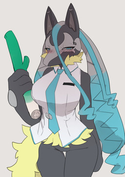 anthro biped blue_eyes blush bottomwear breasts clothed clothed_anthro clothed_female clothing female fingers front_view fully_clothed fully_clothed_anthro fully_clothed_female fur holding_object looking_at_viewer simple_background solo standing tail topwear buta99 vocaloid hatsune_miku mega_lucario_z 2025 absurd_res digital_drawing_(artwork) digital_media_(artwork) hi_res