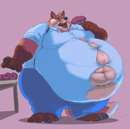 anthro belly belly_overhang big_belly bow_(feature) bow_tie button_(fastener) button_pop chubby_cheeks claws clothed clothing cutlery dessert doughnut eating food fork fur kitchen_utensils male meat moobs morbidly_obese morbidly_obese_anthro morbidly_obese_male obese obese_anthro obese_male open_mouth orange_body orange_fur overweight overweight_anthro overweight_male pastry sausage solo standing straining_buttons thick_thighs toe_claws tools wardrobe_malfunction white_body white_fur wide_hips mayonnaisepinata guhreth canid canine fox mammal