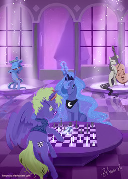 black_hair blue_hair bow_(feature) bow_(stringed_instrument) bow_tie bowed_string_instrument cello checkerboard_(object) chess clothing crown cutie_mark detailed_background eyes_closed eyewear feathered_wings feathers female feral fur furniture gaming glasses green_hair grey_body grey_fur group hair headgear holding_object horn magic male moon musical_instrument playing_music playing_violin purple_body purple_fur quadruped reflection shirt spotlight string_instrument table tail tiara topwear violin window wings hinoraito friendship_is_magic hasbro my_little_pony mythology fan_character octavia_(mlp) princess_luna_(mlp) earth_pony equid equine horse mammal mythological_creature mythological_equine pegasus pony winged_unicorn 2012