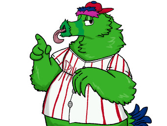 anthro backwards_baseball_cap backwards_hat baseball_cap baseball_uniform bodily_fluids clothing eyebrows feathers gesture green_body hand_gesture hat headgear headwear long_tongue looking_at_viewer male mascot overweight overweight_male pointing saliva solo sportswear tongue unibrow uniform unusual_anatomy onikuma_(artist) mlb philadelphia_phillies phillie_phanatic monster 4:3