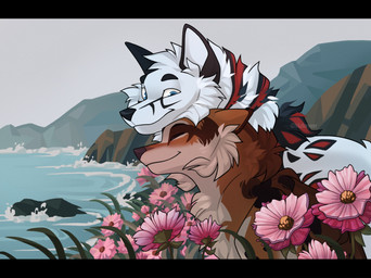 black_body black_fur brown_body brown_fur detailed_background duo female flower fur male mountain plant red_body red_fur rock water white_body white_fur kluforever canid canine canis domestic_dog mammal wolf 2025 hi_res