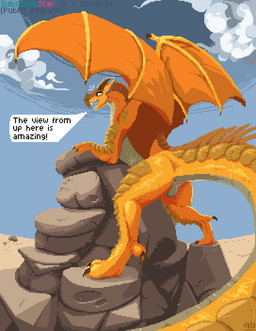 ambiguous_feral ambiguous_gender animal_genitalia black_claws bodily_fluids brown_horn claws cloaca cloud feet feral genitals horn membrane_(anatomy) membranous_wings orange_body orange_membrane orange_scales pink_cloaca quadruped rock sand scales sky solo tail teeth text toe_claws toes ventral_scales wings mustard_(welcometothevoid) mythology wings_of_fire sunny_(wof) dragon mythological_creature mythological_scalie sandwing_(wof) scalie 2024 digital_media_(artwork) english_text pixel_(artwork)