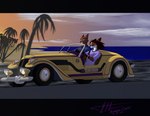 anthro blue_eyes breasts car clothed clothing duo female inside_car inside_vehicle male male/female motor_vehicle orange_sclera palm_tree plant tree vehicle vintage_car water commandercross foxenawolf_(character) canid canine fox mammal 2022 hi_res