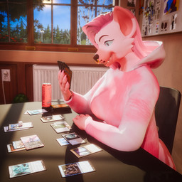 anthro card clothed clothing d6 detailed_background dice facial_piercing fangs female grey_eyes hair hoodie inside magic:_the_gathering_card nose_piercing nose_ring piercing pink_body pink_clothing pink_hair pink_hoodie pink_topwear playing_card ring_piercing sitting smile solo tail teeth text topwear raytross alberarts_(modeler) hasbro magic:_the_gathering monster_energy wizards_of_the_coast hyena hyenid_(species) mammal 1:1 2026 3d_(artwork) blender_(artwork) blender_cycles_(artwork) digital_media_(artwork) english_text hi_res watermark nonbinary_(lore)