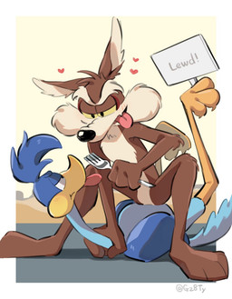 anthro beak blue_body blush brown_body brown_fur cutlery duo feet fork fur half-closed_eyes heart_symbol holding_object kitchen_utensils looking_at_another male male/male male_anthro narrowed_eyes paws plantigrade sign toes tongue tongue_out tools gz8ty looney_tunes warner_brothers road_runner_(looney_tunes) wile_e._coyote avian bird canid canine canis coyote cuculiform mammal new_world_ground_cuckoo roadrunner 2023 digital_media_(artwork) hi_res signature