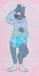 anthro blue_body blue_fur blush bodily_fluids clean_diaper clothed clothing diaper embarrassed footwear fur hand_on_head male nervous nervous_smile pantsless pink_background simple_background socks solo standing sweat sweatdrop sweater topwear wearing_diaper kippinz kermit_(slusheep) canid canine canis domestic_dog mammal poodle absurd_res hi_res