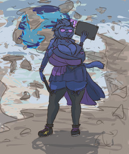 anthro big_breasts blue_body blue_fur breasts cleavage clothed clothing curvy_figure drawing_tablet eyewear female floating_rocks fur glasses huge_breasts hyper hyper_breasts leggings legwear looking_at_viewer sky solo tablet_pen thick_thighs wide_hips nooxgard final_fantasy final_fantasy_xiv square_enix pictomancer felid hrothgar mammal hi_res