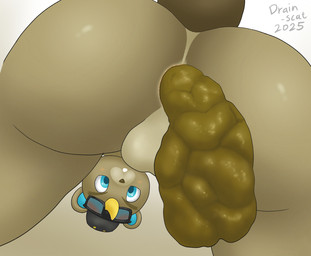 anthro anus balls blue_eyes brown_body brown_fur butt butt_focus clothing eyewear eyewear_on_head feces feces_in_ass fur genitals glasses glasses_on_head hat headgear headwear looking_through_legs_at_viewer male pooping pooping_on_viewer simple_background solo drain_scat animal_crossing nintendo c.j._(animal_crossing) beaver mammal rodent hi_res