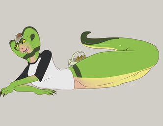 ambiguous_gender anthro apode bottle brown_hair claws clothing container green_body green_scales growth hair hair_loss human_to_anthro legless lying on_front scales serpentine shirt simple_background snake_hood snout snout_growth solo species_transformation topwear transformation yellow_eyes yellow_sclera sepisnake cobra_cola draconcopode naga 2014 signature