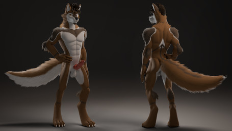 5_fingers abs animal_genitalia anthro balls beard black_nose brown_body brown_fur brown_hair butt facial_hair fingers fur genitals hair knot looking_at_viewer male markings nude orange_eyes penis sheath solo white_body white_fur calixto calixto_(modeler) lucas_(floofwulfl) canid canine canis mammal wolf 16:9 3d_(artwork) 3d_model_showcase blender_(artwork) blender_cycles_(artwork) digital_media_(artwork) hi_res widescreen