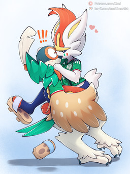 anthro asian_clothing beak carrying_another carrying_partner clothing crossed_legs east_asian_clothing exclamation_point feathers female footwear french_kissing geta japanese_clothing jersey jumping kissing male shirt sport surprised text topwear world_cup conditional_dnp xael_the_artist nintendo pokemon jun_the_decidueye kenshin_the_cinderace cinderace decidueye generation_7_pokemon generation_8_pokemon pokemon_(species) 3:4 absurd_res hi_res url