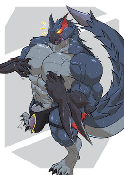 abs anthro armpit_hair barazoku bodily_fluids body_hair bulge claws clothing detailed_bulge fangs fur genitals glowing glowing_eyes humanoid_genitalia humanoid_penis jockstrap male muscular muscular_anthro muscular_male nipple_fetish nipple_play nipples pecs penis pubes simple_background solo standing sweat tail teeth tongue tongue_out underwear vein veiny_muscles veiny_penis wings yellow_eyes geryorias capcom monster_hunter flying_wyvern nargacuga absurd_res hi_res