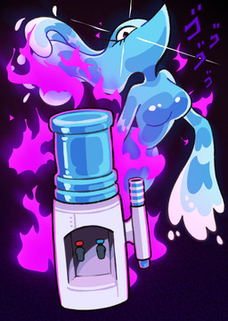 anthro black_background blue_body breasts female jojoke parody simple_background solo water water_cooler c0denamedelta deltarune jojo's_bizarre_adventure menacing_(meme) undertale_(series) miss_mizzle darkner elemental_creature mizzle_(deltarune) water_creature watercooler_(deltarune) 2025 absurd_res hi_res meme