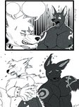 anthro barazoku dialogue duo empty_speech_bubble femboy halftone male muscular muscular_male speech_bubble avi_the_tiger forestpunktiger adastra adastra_(series) echo_project i_will_survive_slap cassius_(adastra) neferu_(adastra) canid canine canis jackal mammal wolf 3:4 comic greyscale monochrome