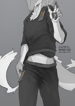 anthro belt bottomwear clothed clothing front_view fur grey_background grey_body grey_fur male obscured_eyes pants pawpads shirt simple_background solo standing text topwear white_body white_fur grovintime mythology dragon furred_dragon furred_scalie mythological_creature mythological_scalie scalie english_text hi_res