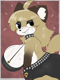 anthro belt big_breasts big_butt black_bottomwear black_clothing black_eyeshadow black_shorts bottomwear bra bracelet breasts butt clothing collar ear_piercing eyeshadow female female_anthro fingerless_gloves gloves handwear huge_breasts hyper hyper_breasts inner_ear_fluff jewelry makeup piercing red_background sharp_teeth shirtless shirtless_anthro shirtless_female shorts side_view simple_background skull_accessory solo spiked_bracelet spiked_collar spikes studded_belt studs teeth tuft underwear inazuma_kat fujiko_(inazuma_kat) canid canine fox mammal hi_res