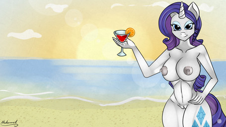 alcohol anthro anthrofied areola beach beverage big_breasts biped blue_eyes bodily_fluids breasts cutie_mark detailed_background erect_nipples female food genitals hair horn lactating looking_at_viewer milk nipples nude outside purple_hair sand seaside solo standing sunset vulva white_body wide_hips malamol friendship_is_magic hasbro my_little_pony mythology rarity_(mlp) equid equine mammal mythological_creature mythological_equine unicorn 16:9 hi_res widescreen