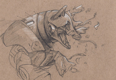 ambiguous_gender brown_background claws feral finger_claws looking_aside machine open_mouth side_view simple_background snout solo teeth tongue_showing deriaz canid mammal robot 2014 graphite_(artwork) half-length_portrait hatching_(art) monochrome portrait sepia shaded traditional_media_(artwork)