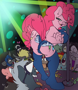anthro big_breasts big_butt blue_body blue_eyes blue_fur breasts butt camel_toe clothed clothing cutie_mark dancing female fully_clothed fur group hair heart_symbol inviting looking_back male multicolored_hair nipple_outline one_eye_closed open_mouth pink_hair pole pole_dancing rainbow_hair seductive skimpy smile solo_focus strip_club stripper stripper_pole wink fuf friendship_is_magic hasbro my_little_pony pinkie_pie_(mlp) rainbow_dash_(mlp) earth_pony equid equine horse mammal pony 2014 hi_res