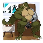 alcohol anthro beverage big_pecs bulge chair claws clothing furniture green_body male muscular muscular_anthro muscular_male nipples pecs prosthetic prosthetic_arm prosthetic_limb sitting solo underwear darknaigart jack_daniel's alligator alligatorid crocodilian reptile scalie absurd_res hi_res