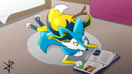 alternate_color anthro arm_tuft big_ears black_body black_fur blue_body blue_fur book butt cheek_tuft digitigrade dipstick_tail facial_tuft fur inner_ear_fluff lying male markings multicolored_body multicolored_fur paws reading shoulder_tuft solo stick tail tail_markings tuft white_body white_fur yellow_body yellow_eyes yellow_fur zpectralkrystal nintendo pokemon braixen generation_6_pokemon pokemon_(species) 16:9 digital_media_(artwork) hi_res widescreen