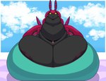 anthro areola areola_slip big_breasts black_body breasts cleavage clothed clothing cloud female huge_breasts hyper hyper_breasts jewelry long_neck looking_at_viewer markings necklace overweight overweight_female purple_markings red_body sky skyscape solo yellow_eyes pakaproductions nintendo pokemon arthropod generation_5_pokemon myriapod pokemon_(species) scolipede hi_res