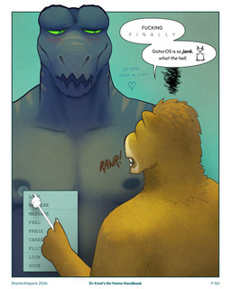 angry blush border dialogue duo fur green_background green_body green_eyes heart_symbol holding_object list male markings menu nipples open_mouth orange_body orange_fur pointer profanity roaring scribbles sharp_teeth simple_background speech_bubble striped_markings stripes teeth text white_border sharkinthepark alligator alligatorid crocodilian felid lion mammal pantherine reptile scalie 2026 4:5 absurd_res comic english_text hi_res