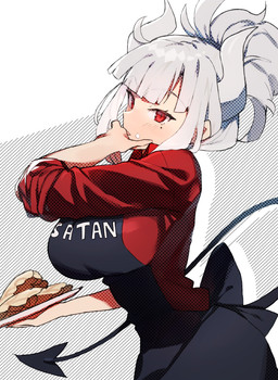 apron big_breasts breasts clothing female food hair horn huge_breasts looking_at_viewer not_furry red_eyes simple_background solo spade_tail tail text text_on_apron text_on_clothing white_background white_hair kasuka_(kusuki) helltaker lucifer_(helltaker) demon demon_humanoid humanoid 2020 hi_res